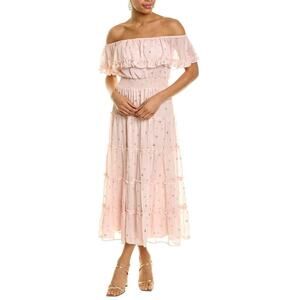 Vince Camuto Foiled Tiered Off-The-Shoulder Maxi Dress Rose Pink Size Medium NEW
